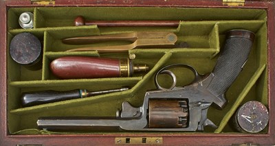 Lot 650 - A CASED 54-BORE FIVE-SHOT PERCUSSION BEAUMONT ADAMS REVOLVER