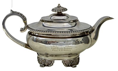 Lot 463 - A GEORGIAN CASED SILVER PRESENTATION TEAPOT OF 8TH HUSSARS INTEREST