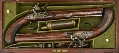 Lot 577 - A GOOD CASED PAIR OF CRISP 28-BORE FLINTLOCK DUELLING PISTOLS BY WOGDON