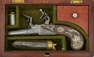 Lot 592 - AN INTERESTING 50-BORE FLINTLOCK BOXLOCK POCKET PISTOL