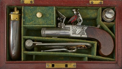 Lot 590 - A CASED 50-BORE FLINTLOCK BOXLOCK POCKET PISTOL BY RICHARDSON OF MANCHESTER