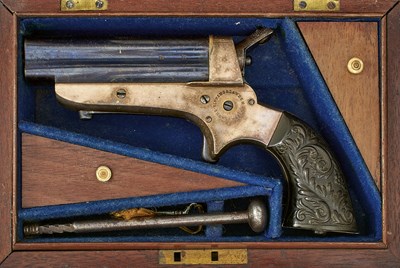 Lot 598 - A GOOD CASED .30 CALIBRE RIMFIRE TIPPING & LAWDEN FOUR SHOT DERINGER PISTOL