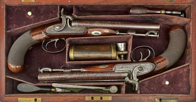 Lot 578 - A CASED PAIR OF 22-BORE DOUBLE BARRELLED PERCUSSION OFFICER'S OR COACHING PISTOLS BY SIR CHARLES CLARKE