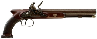 Lot 580 - A 40-BORE FLINTLOCK SAW HANDLED DUELLING PISTOL BY TATHAM & EGG