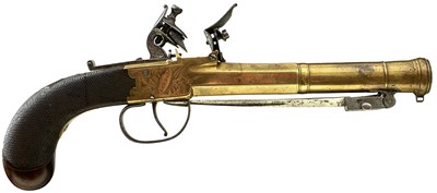 Lot 585 - A LARGE BRASS FLINTLOCK BAYONET BLUNDERBUSS PISTOL BY DUST