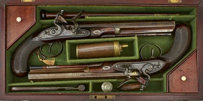 Lot 591 - A CASED PAIR OF 22-BORE FLINTLOCK DUELLING PISTOLS BY RICHARDS