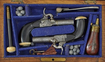 Lot 594 - A CASED PAIR OF BELGIAN 120-BORE RIFLED PERCUSSION BOXLOCK POCKET PISTOLS