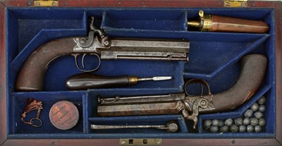 Lot 593 - A CASED PAIR OF 32-BORE PERCUSSION BOXLOCK BELT PISTOLS