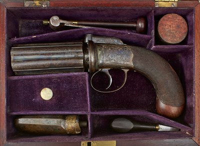 Lot 603 - A CRISP CASED 54-BORE SIX-SHOT PERCUSSION PEPPERBOX REVOLVER BY COGSWELL