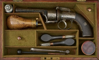 Lot 604 - A SCARCE CASED IRISH SMALL SIZED 120-BORE SIX-SHOT PERCUSSION TRANSITIONAL REVOLVER