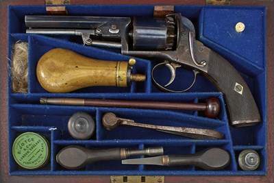 Lot 602 - A CASED 80-BORE SIX-SHOT PERCUSSION WEBLEY BENTLEY OPEN FRAME REVOLVER