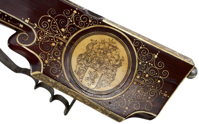 Lot 381 - A 19-BORE 17TH CENTURY GERMAN NUREMBERG WHEEL-LOCK RIFLE ENSEMBLE