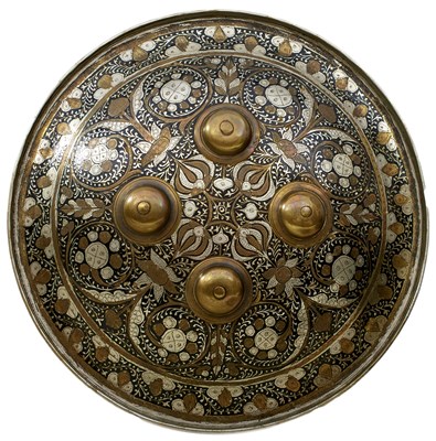 Lot 84 - A LATE 19TH CENTURY INDIAN BENARES PRESENTATION SHIELD