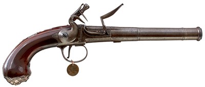 Lot A PAIR OF 22-BORE SILVER MOUTED FLINTLOCK QUEEN ANNE CARRIAGE PISTOLS BY PETER GANDON