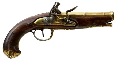 Lot 247 - A 25-BORE FLINTLOCK BRASS BARRELLED BLUNDERBUSS PISTOL BY GRIFFIN