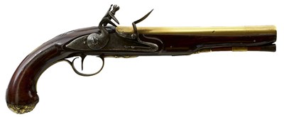 Lot 251 - AN UNUSUAL BRASS BARRELLED COACHING PISTOL BY TWIGG