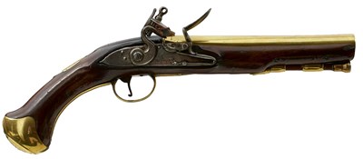 Lot 256 - AN 18-BORE FLINTLOCK BRASS BARRELLED COACHING PISTOL