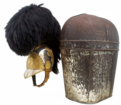 Lot A VERY RARE NAMED HOUSEHOLD CAVALRY OFFICER'S 1817 PATTERN HELMET AND TIN ENSEMBLE