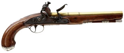 Lot 239 - A 20-BORE SILVER MOUNTED FLINTLOCK HOLSTER PISTOL BY BRANDER & KNUBLEY