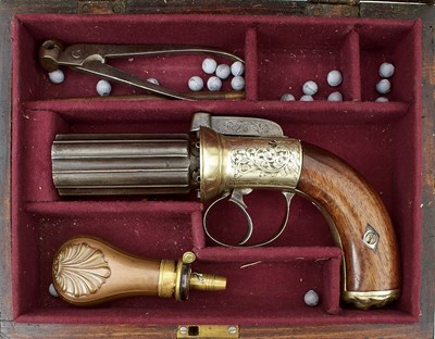 Lot 637 - A 130-BORE SIX-SHOT PERCUSSION PEPPERBOX REVOLVER BY GASQUOINE & DYSON OF MANCHESTER