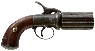 Lot 344 - AN UNUSUAL 120-BORE SIX-SHOT PERCUSSION PEPPERBOX REVOLVER