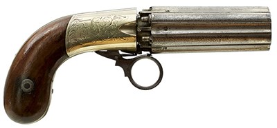 Lot 346 - A SMALL BORE SIX-SHOT PERCUSSION PEPPERBOX REVOLVER BY COOPER