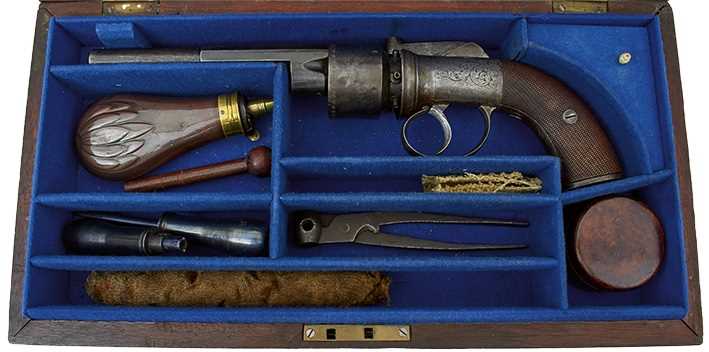 Lot 354 - A CASED 80-BORE SIX-SHOT PERCUSSION TRANSITIONAL REVOLVER