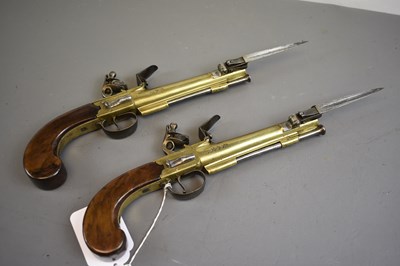 Lot 355 - A PAIR OF 25-BORE FLINTLOCK BAYONET COACHING PISTOLS BY BLAKE