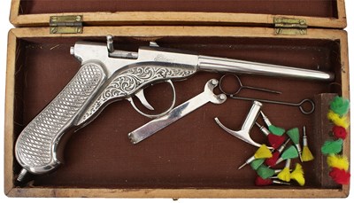 Lot 416 - AN ANTIQUE BOXED MICHAEL FLURSCHEIM EISENWERKE GAGGENAU DART GUN OR AIR PISTOL