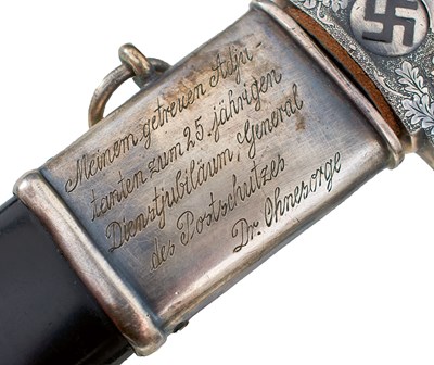 Lot 52 - A VERY RARE THIRD REICH POSTSCHUTZ PRESENTATION DAMASCUS BLADED DAGGER