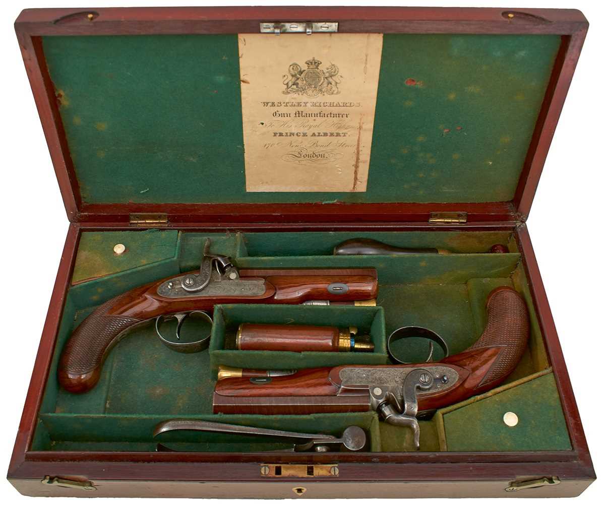 Lot 333 - A CASED PAIR OF .650 CALIBRE PERCUSSION OFFICER'S OR TRAVELLING PISTOLS BY WESTLEY RICHARDS