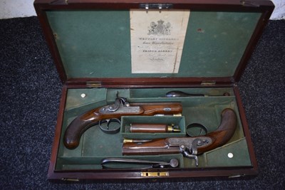 Lot 333 - A CASED PAIR OF .650 CALIBRE PERCUSSION OFFICER'S OR TRAVELLING PISTOLS BY WESTLEY RICHARDS
