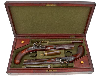 Lot 335 - A CASED PAIR OF 20-BORE FLINTLOCK DUELLING PISTOLS BY CHARLES MOORE