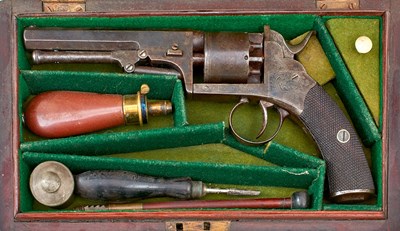 Lot A CASED 80-BORE FIVE-SHOT PERCUSSION WEBLEY TYPE OPEN FRAMED REVOLVER