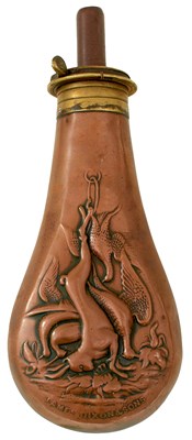 Lot FIVE COPPER POWDER FLASKS FOR SPORTING GUNS