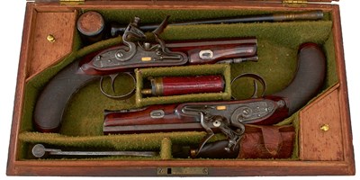 Lot A CASED PAIR OF 25-BORE SCOTTISH FLINTLOCK RIFLED TRAVELLING PISTOLS BY FINDLAY OF PAISLEY