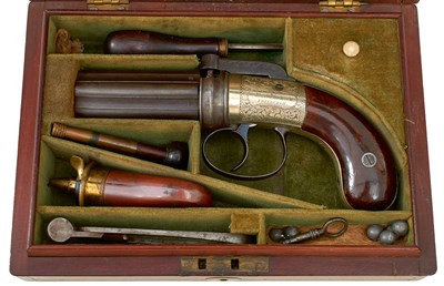Lot A CASED 100-BORE SIX-SHOT PERCUSSION PEPPERBOX REVOLVER BY ALEXANDER THOMSON OF EDINBURGH