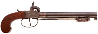 Lot AN UNUSUAL 50-BORE LONG-BARRELLED PERCUSSION BAYONET POCKET PISTOL