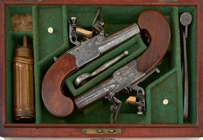 Lot A CASED PAIR OF 28-BORE FLINTLOCK BOXLOCK POCKET PISTOLS