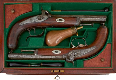 Lot 370 - 1919-19 A CASED PAIR OF 16-BORE PERCUSSION RIFLED OFFICER'S PISTOLS