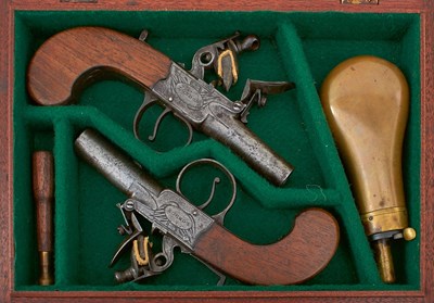 Lot A CASED PAIR OF 56-BORE FLINTLOCK BOXLOCK POCKET PISTOLS