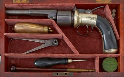 Lot A SCARCE 54-BORE SIX-SHOT PERCUSSION BAKER'S PATENT LONG-SPUR TRANSITIONAL REVOLVER