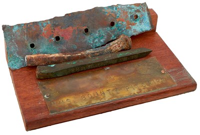 Lot OF H.M.S. BOUNTY INTEREST: TWO NAILS AND A SECTION OF COPPER SHEETING FROM THE HULL