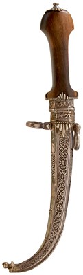 Lot 50 - A 19TH CENTURY MOROCCAN PRESENTATION SILVER MOUNTED JAMBIYA FOR A BOY