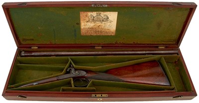 Lot A CASED 13-BORE DOUBLE BARRELLED PERCUSSION SPORTING GUN BY JOHN MANTON & SON