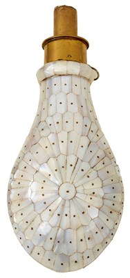 Lot 866 - A MODERN INDIAN OR MIDDLE EASTERN MOTHER-O'-PEARL POWDER FLASK