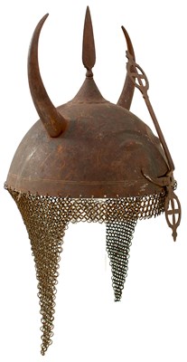 Lot 102 - A 19TH CENTURY INDO-PERSIAN DEVIL'S HEAD KULAH KHUD OR HELMET