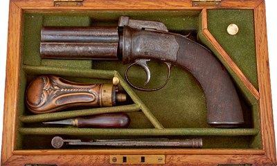 Lot A SCARCE 54-BORE FOUR-BARRELLED PERCUSSION PEPPERBOX REVOLVER BY REILLY