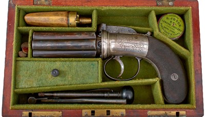 Lot A GOOD CASED 58-BORE SIX-SHOT PERCUSSION PEPPERBOX REVOLVER BY DOOLEY
