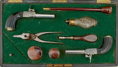 Lot A CASED PAIR OF 54-BORE FRENCH PERCUSSION BOXLOCK RIFLED POCKET PISTOLS